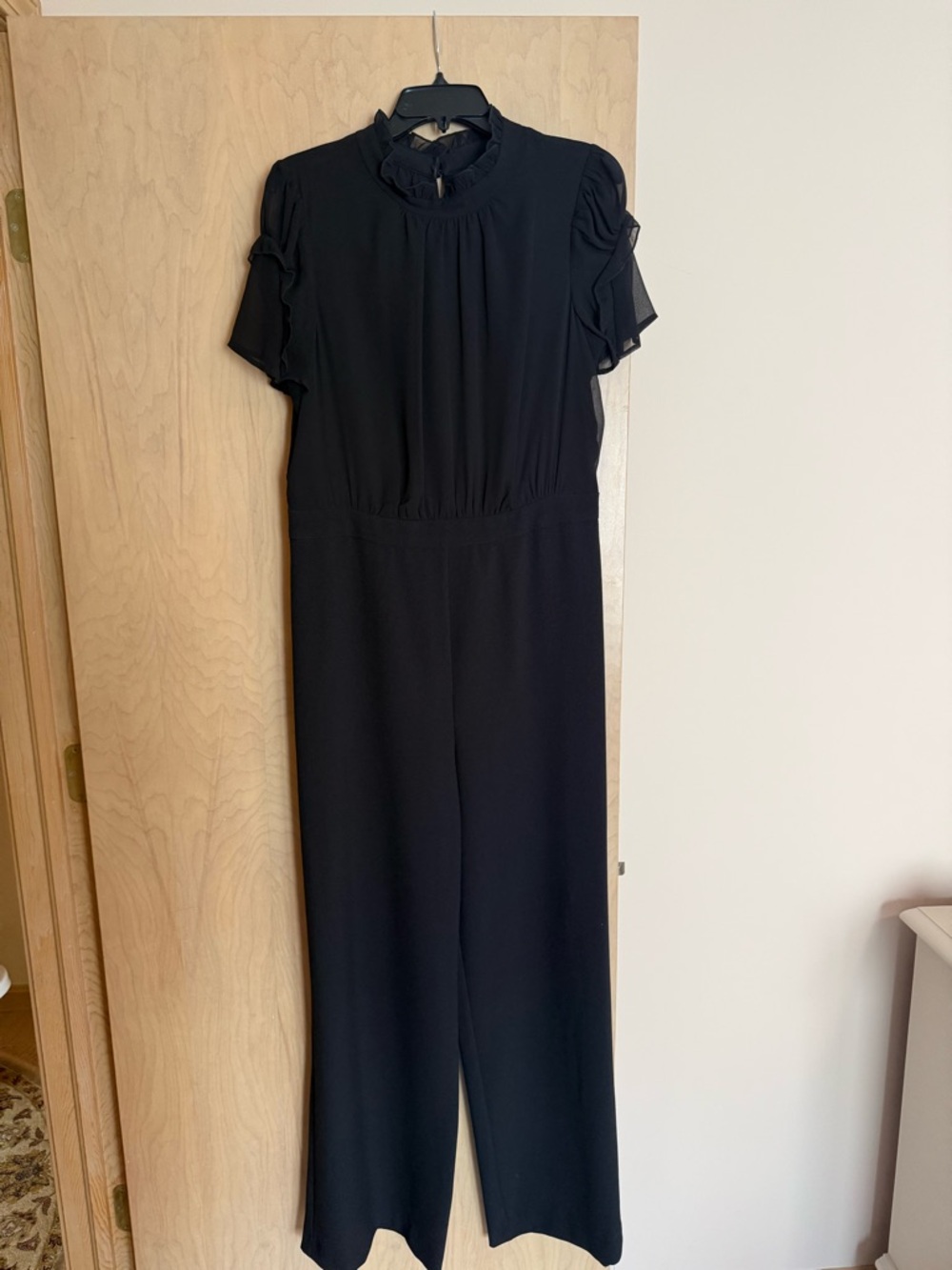 Vince Camuto Black Short-Sleeve Jumpsuit with Ruffle Neck